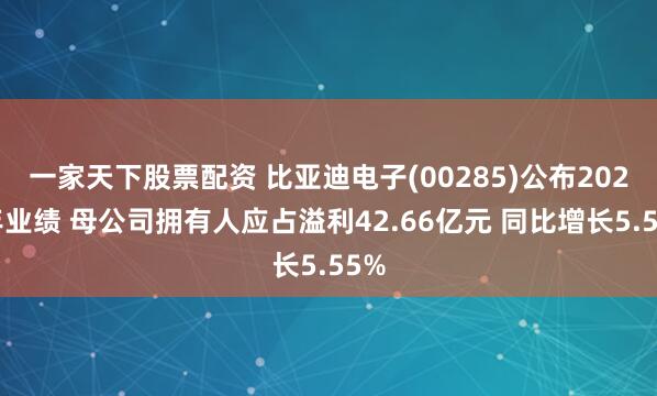 一家天下股票配资 比亚迪电子(00285)公布2024年业绩 母公司拥有人应占溢利42.66亿元 同比增长5.55%